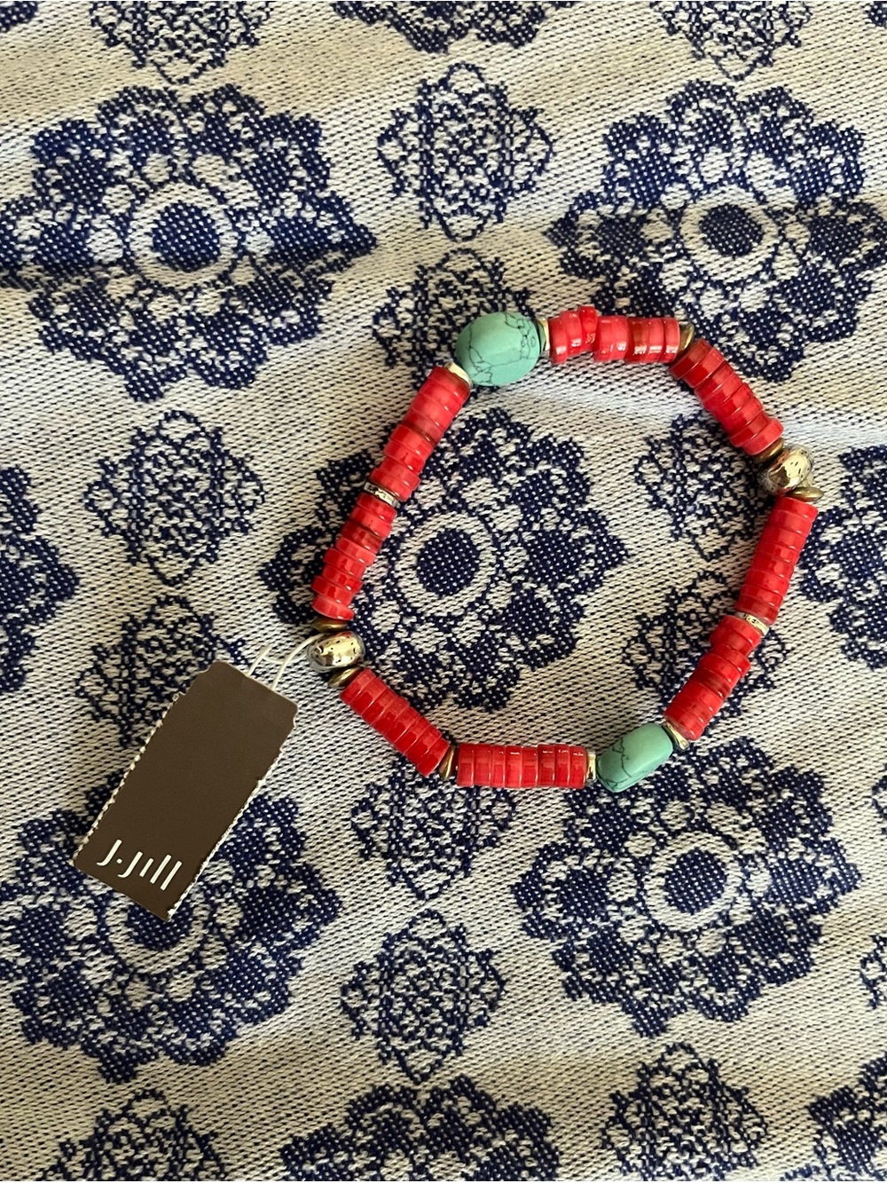 J.Jill Red Coral, Turquoise, and Silver Stretchy Bravelet